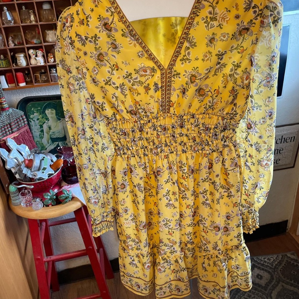 NWT Max Studio Boho Floral Yellow Mini Dress XS Originally $138